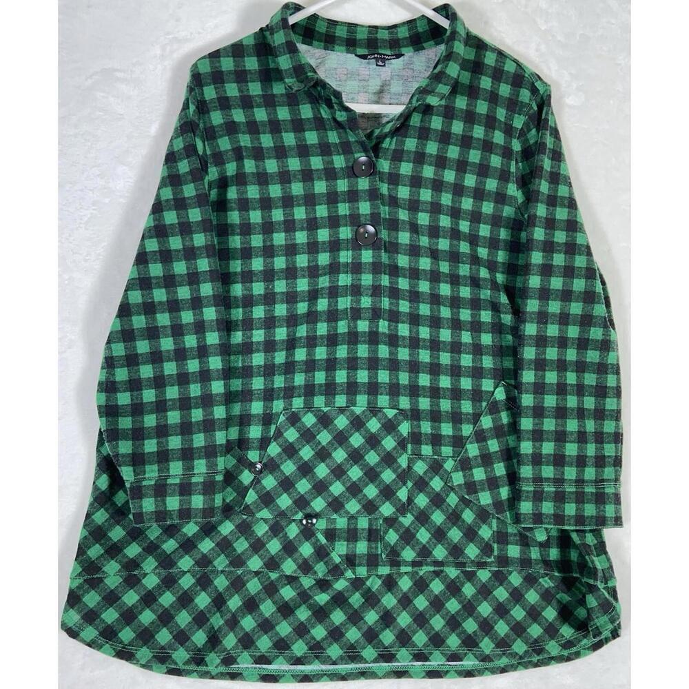 John Mark Mixed Media Button Up Top Green Plaid Big Button Patchwork Pockets L